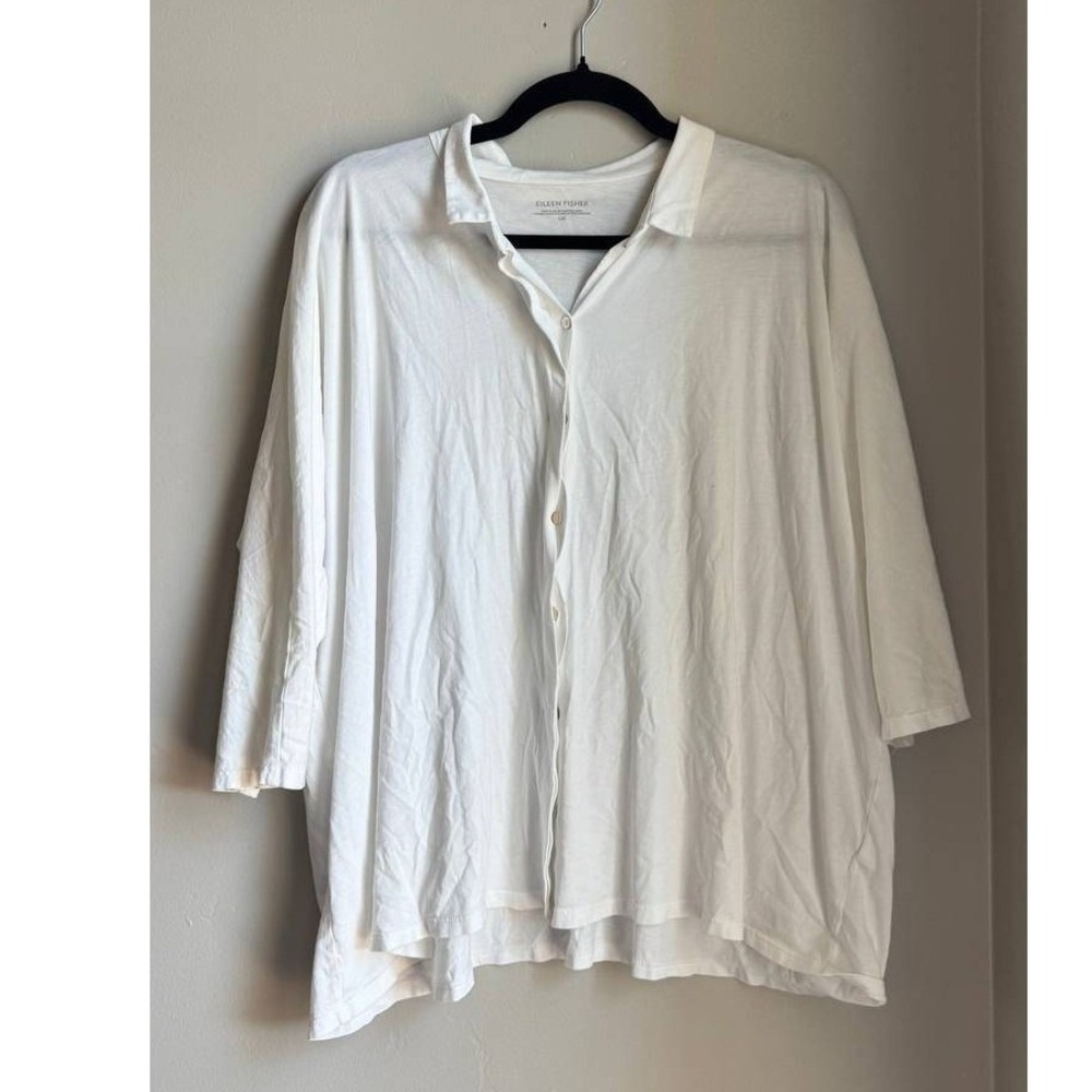 Eileen Fisher  Cotton Oversized Button Front Shirt Quiet Luxury L Euro Summer